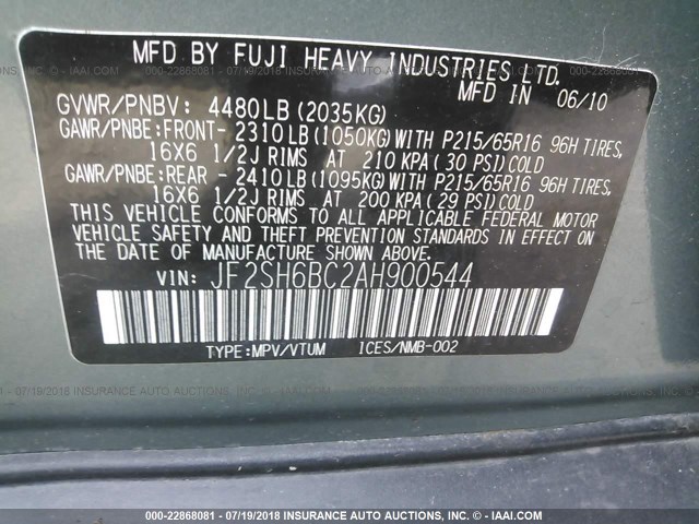 JF2SH6BC2AH900544 - 2010 SUBARU FORESTER XS Hellblau Foto 9