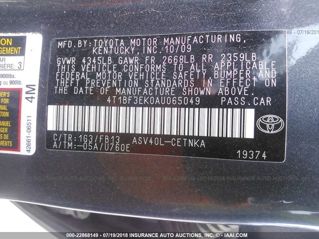 4T1BF3EK0AU065049 - 2010 TOYOTA CAMRY SE/LE/XLE GRAY photo 9