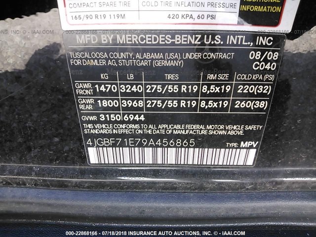 4JGBF71E79A456865 - 2009 MERCEDES-BENZ GL 450 4MATIC BLACK photo 9