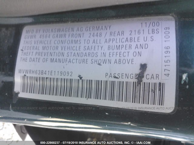 WVWRH63B41E119092 - 2001 VOLKSWAGEN PASSAT GLX 绿色 照片 9