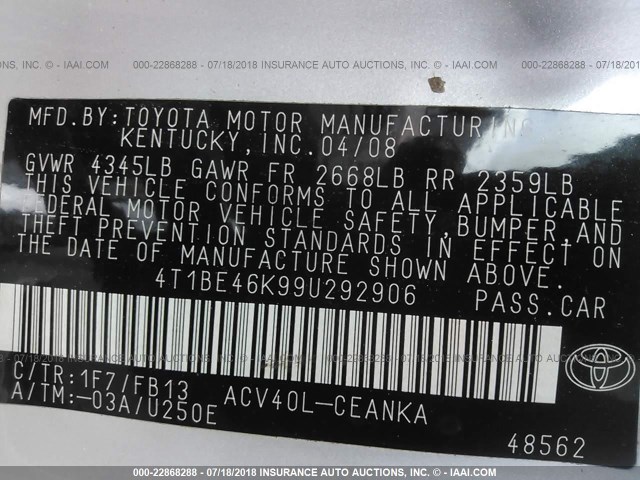 4T1BE46K99U292906 - 2009 TOYOTA CAMRY SE/LE/XLE SILVER photo 9