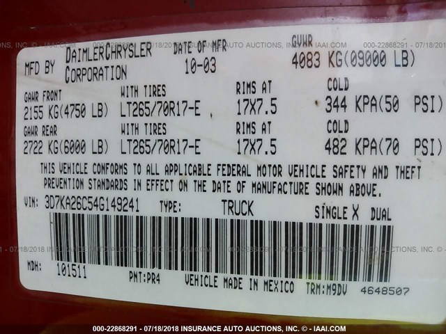 3D7KA26C54G149241 - 2004 DODGE RAM 2500 ST/SLT 红色 照片 9
