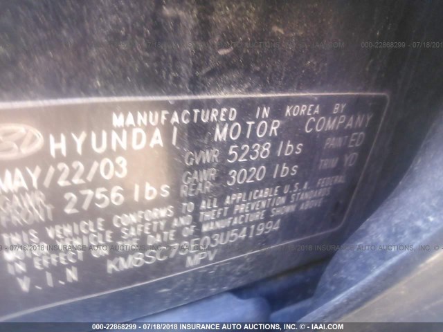 KM8SC73E03U541994 - 2003 HYUNDAI SANTA FE GLS/LX BLACK photo 9