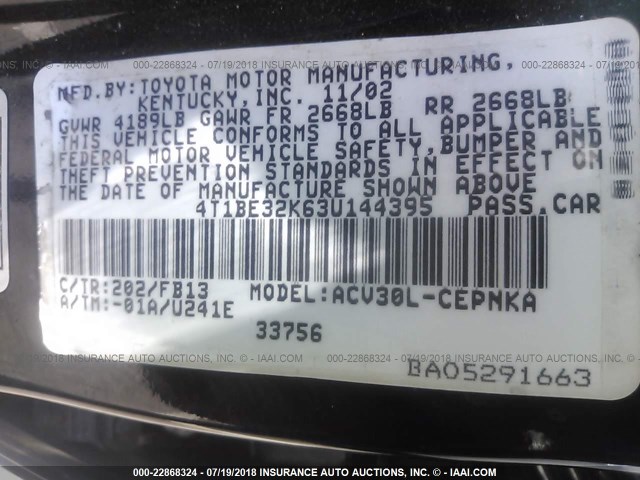 4T1BE32K63U144395 - 2003 TOYOTA CAMRY LE/XLE/SE Qara foto 9