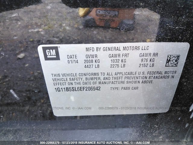 1G11B5SL6EF206942 - 2014 CHEVROLET MALIBU LS შავი ფოტო 9