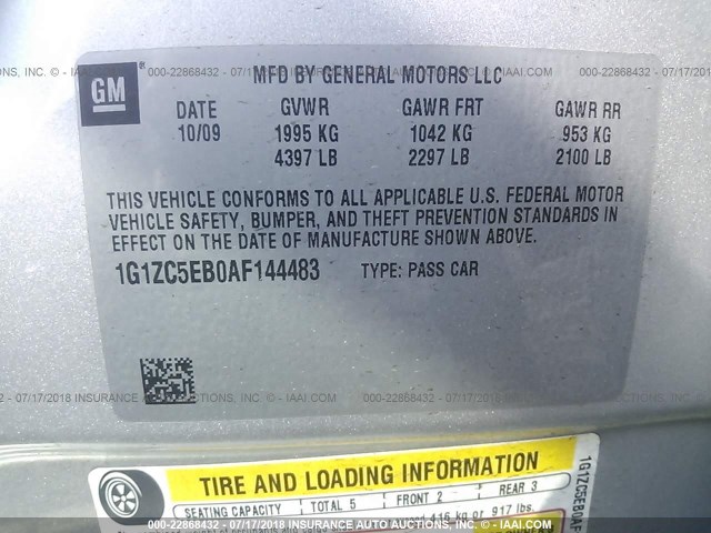 1G1ZC5EB0AF144483 - 2010 CHEVROLET MALIBU 1LT ვერცხლისფერი ფოტო 9