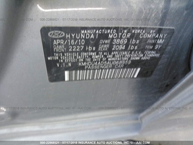 KMHDU4AD5AU068959 - 2010 HYUNDAI ELANTRA BLUE/GLS/SE GRAY photo 9