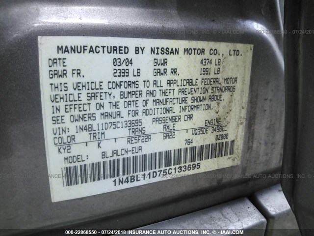 1N4BL11D75C133695 - 2005 NISSAN ALTIMA SE/SL/SE-R GRAY photo 9