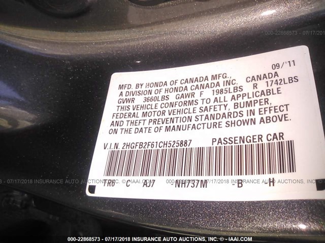 2HGFB2F61CH525887 - 2012 HONDA CIVIC HF GRAY photo 9