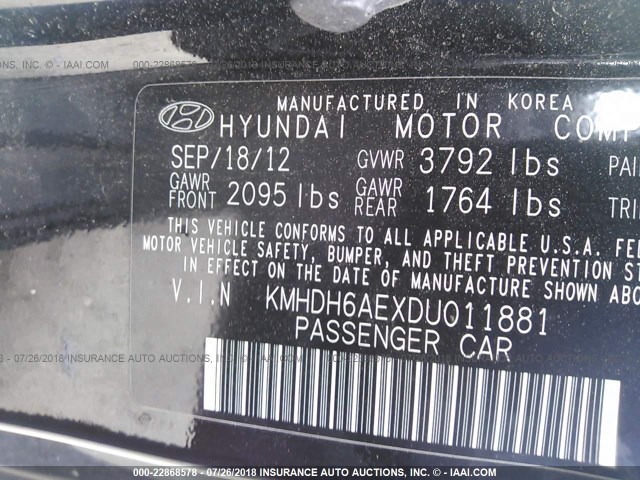 KMHDH6AEXDU011881 - 2013 HYUNDAI ELANTRA COUPE GS/SE BLACK photo 9