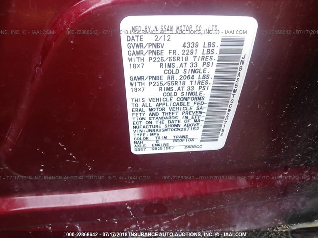 JN8AS5MT0CW287152 - 2012 NISSAN ROGUE S/SV RED photo 9
