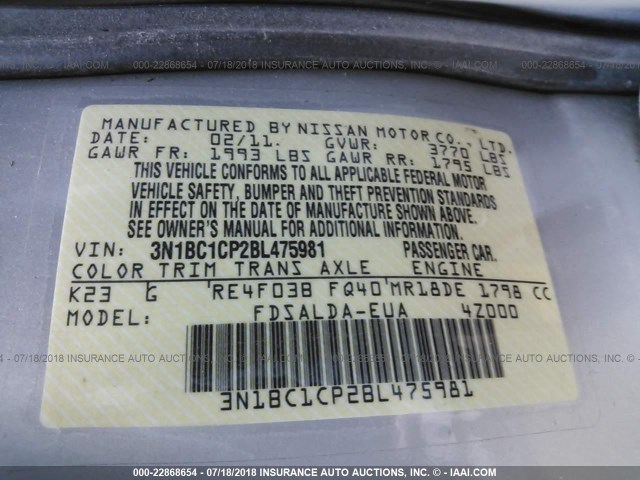 3N1BC1CP2BL475981 - 2011 NISSAN VERSA S/SL SILVER photo 9