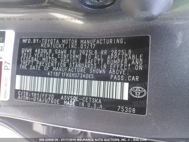4T1BF1FK6HU734065 - 2017 TOYOTA CAMRY LE/XLE/SE/XSE GRAY photo 9