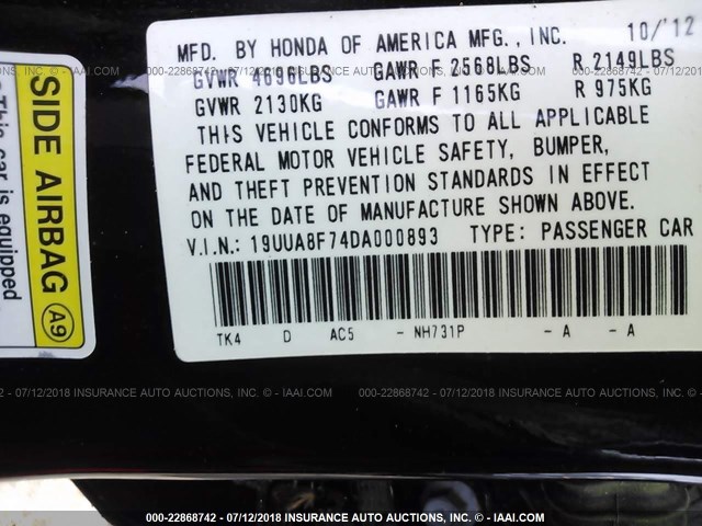 19UUA8F74DA000893 - 2013 ACURA TL ADVANCE BLACK photo 9