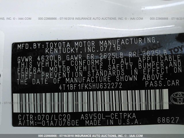 4T1BF1FK5HU632272 - 2017 TOYOTA CAMRY LE/XLE/SE/XSE WHITE photo 9