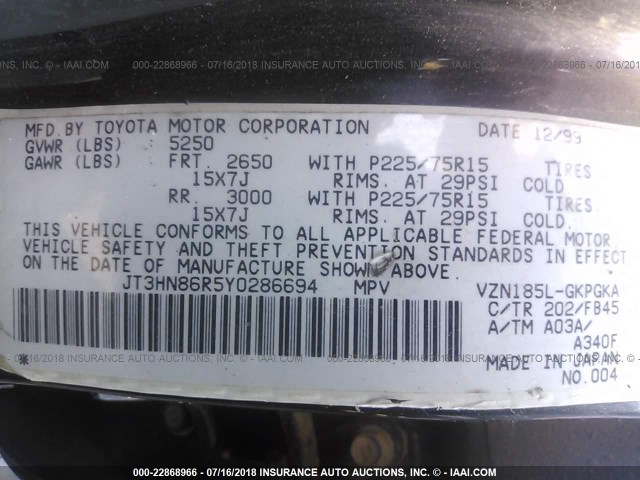 JT3HN86R5Y0286694 - 2000 TOYOTA 4RUNNER SR5 BLACK photo 9