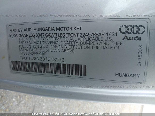 TRUTC28N231013272 - 2003 AUDI TT SILVER photo 9