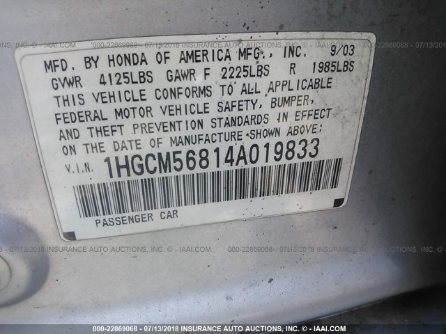 1HGCM56814A019833 - 2004 HONDA ACCORD EX SILVER photo 9