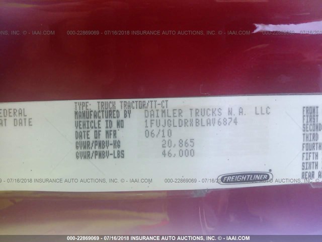 1FUJGLDRXBLAV6874 - 2011 FREIGHTLINER CASCADIA 125  RED photo 10