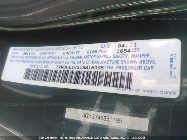 3VWDC21V31M816095 - 2001 VOLKSWAGEN CABRIO GLX 绿色 照片 9