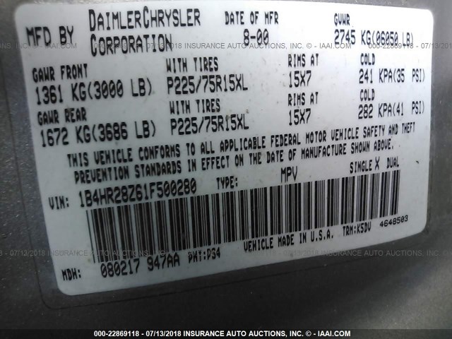 1B4HR28Z61F500280 - 2001 DODGE DURANGO ნაცრისფერი ფოტო 9