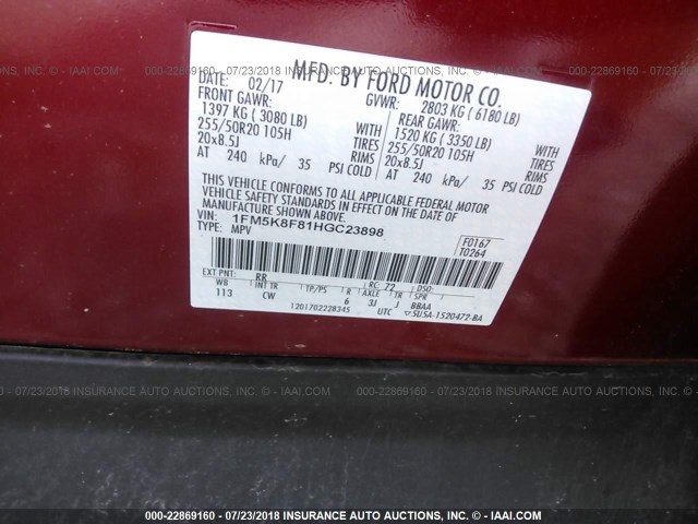 1FM5K8F81HGC23898 - 2017 FORD EXPLORER LIMITED RED photo 9