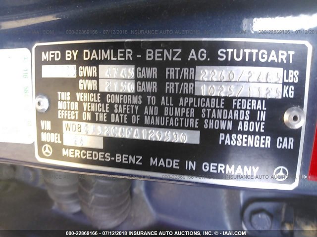 WDBCA32C8FA129530 - 1985 MERCEDES-BENZ 380 SE BLUE photo 9