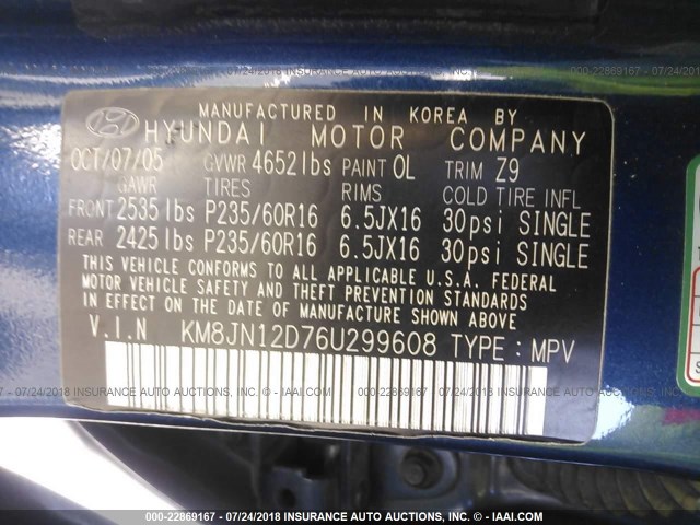 KM8JN12D76U299608 - 2006 HYUNDAI TUCSON GLS/LIMITED Dark Blue photo 9