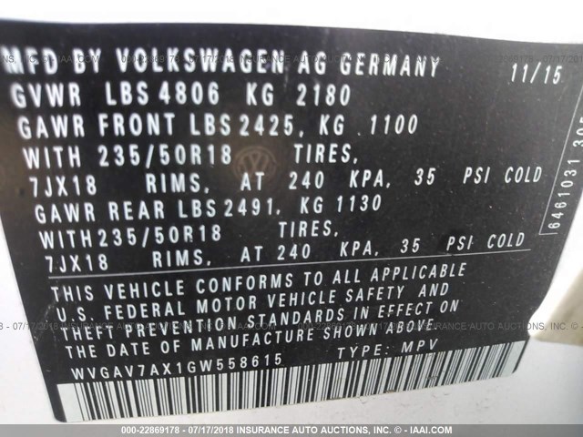 WVGAV7AX1GW558615 - 2016 VOLKSWAGEN TIGUAN S/SE/SEL/R-LINE WHITE photo 9