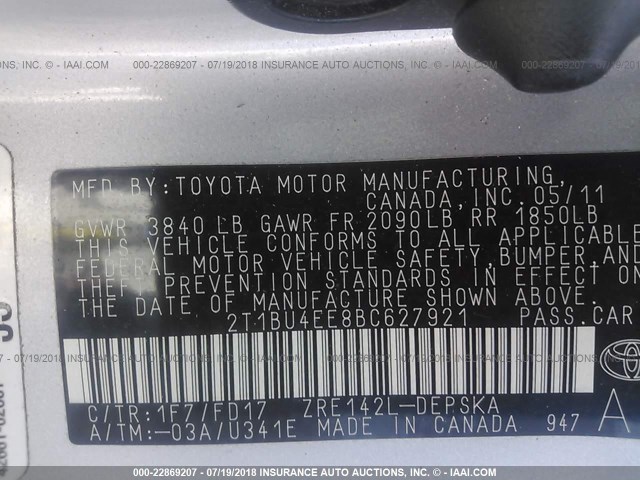 2T1BU4EE8BC627921 - 2011 TOYOTA COROLLA S/LE SILVER photo 9