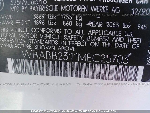 WBABB2311MEC25703 - 1991 BMW 325 IC AUTOMATIC WHITE photo 9
