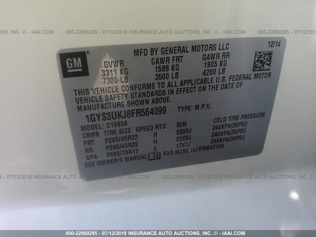 1GYS3UKJ8FR564099 - 2015 CADILLAC ESCALADE ESV PLATINUM თეთრი ფოტო 9