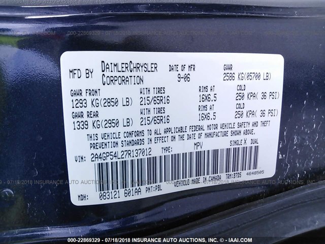 2A4GP54L27R137012 - 2007 CHRYSLER TOWN & COUNTRY TOURING BLUE photo 9