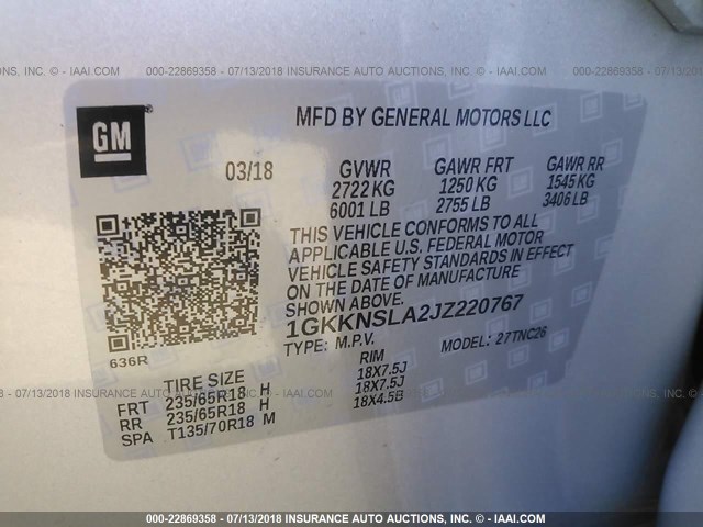 1GKKNSLA2JZ220767 - 2018 GMC ACADIA SLE SILVER photo 9