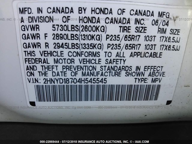 2HNYD18704H545545 - 2004 ACURA MDX TOURING WHITE photo 9