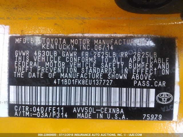 4T1BD1FK8EU137727 - 2014 TOYOTA CAMRY HYBRID/LE/XLE 黄色 照片 9