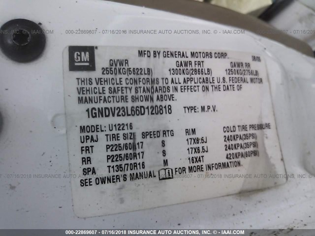 1GNDV23L66D120818 - 2006 CHEVROLET UPLANDER LS WHITE photo 9