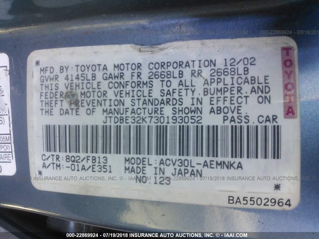 JTDBE32K730193052 - 2003 TOYOTA CAMRY LE/XLE BLUE photo 9