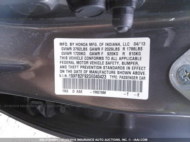 19XFB2F92DE040423 - 2013 HONDA CIVIC EXL 灰色 照片 9