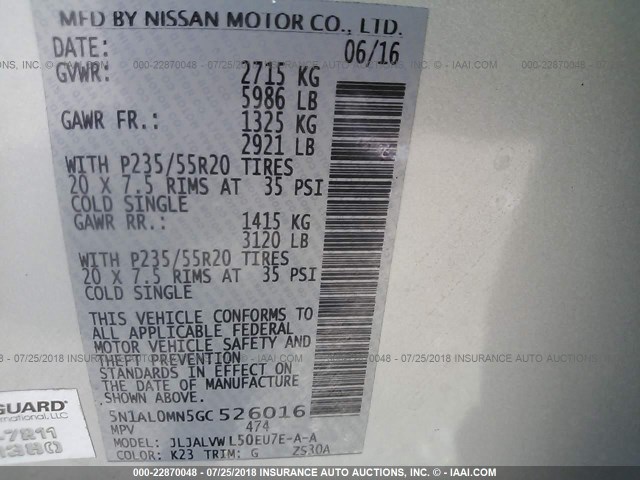 5N1AL0MN5GC526016 - 2016 INFINITI QX60 SILVER photo 9