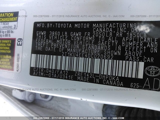 2T1KU4EE4DC020692 - 2013 TOYOTA COROLLA MATRIX  WHITE photo 9