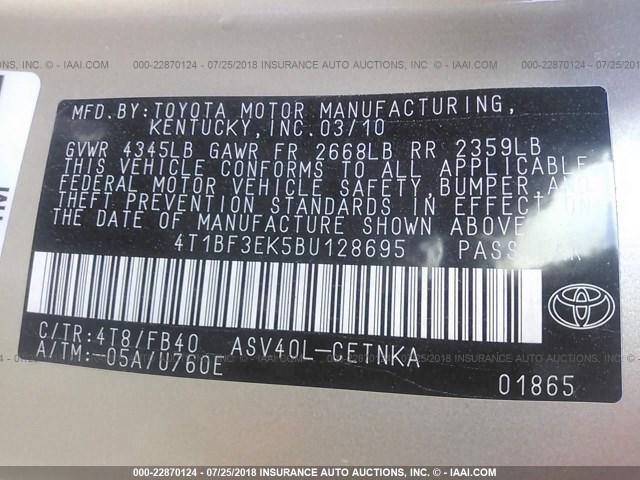 4T1BF3EK5BU128695 - 2011 TOYOTA CAMRY SE/LE/XLE ოქროსფერი ფოტო 9