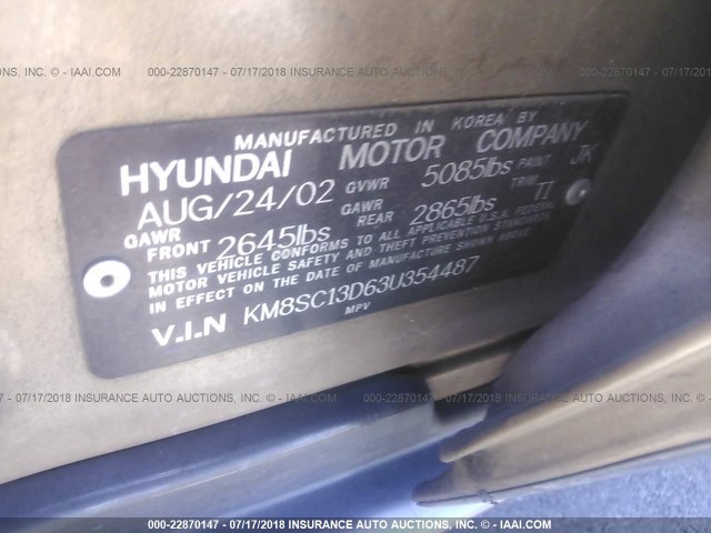 KM8SC13D63U354487 - 2003 HYUNDAI SANTA FE GLS/LX GOLD photo 9