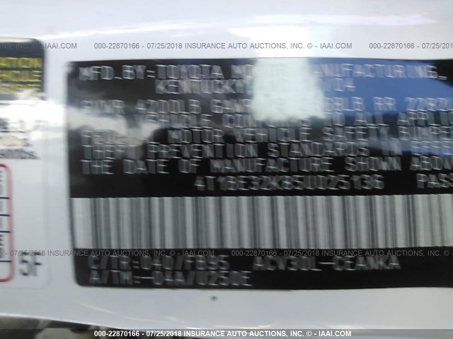 4T1BE32K85U025136 - 2005 TOYOTA CAMRY LE/XLE/SE Ağ foto 9