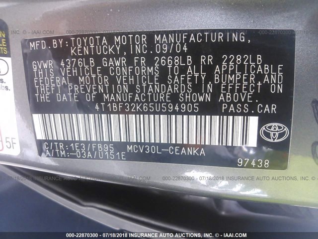 4T1BF32K65U594905 - 2005 TOYOTA CAMRY LE/XLE/SE ნაცრისფერი ფოტო 9