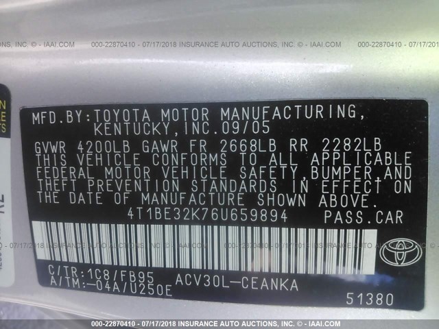 4T1BE32K76U659894 - 2006 TOYOTA CAMRY LE/XLE/SE SILVER photo 9