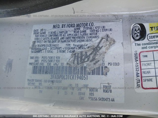 3FADP0L31CR194051 - 2012 FORD FUSION HYBRID WHITE photo 9