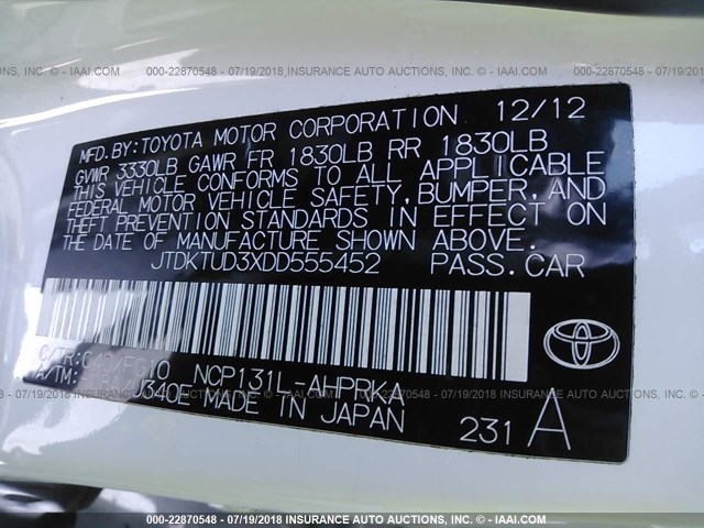 JTDKTUD3XDD555452 - 2013 TOYOTA YARIS WHITE photo 9