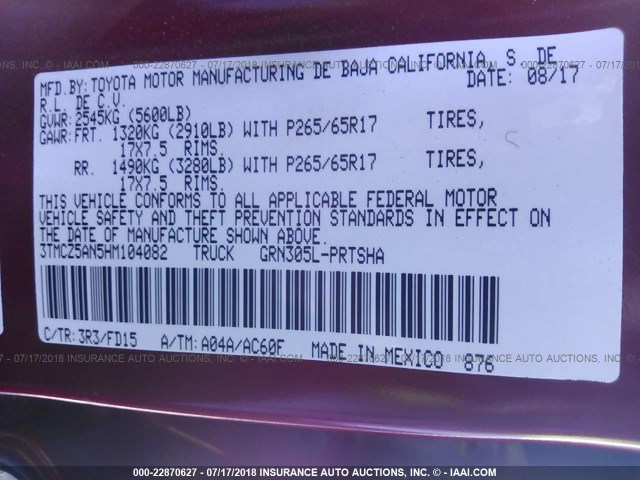 3TMCZ5AN5HM104082 - 2017 TOYOTA TACOMA DBL CAB/SR/TRDSPT/OR/PRO წითელი ფოტო 9