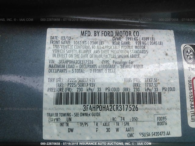 3FAHP0HA2CR317526 - 2012 FORD FUSION SE GRAY photo 9